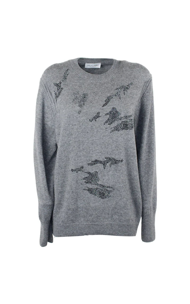 Gray women's sweater with sequin bird design on front, crew neck, long sleeves