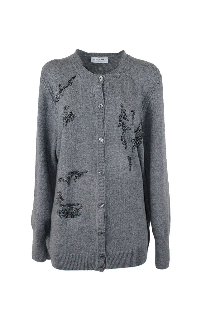 Gray women's button-up cardigan with bead embellishments and round neck