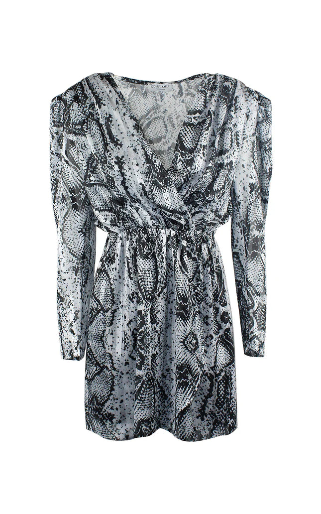 Women's long sleeve mini dress with black and white snakeskin print, cinched waist, v-neck