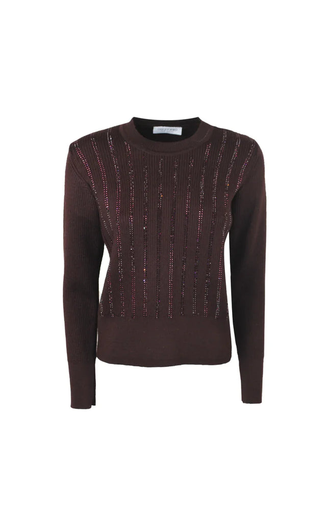 Brown women's sweater with sequin vertical stripes and long sleeves