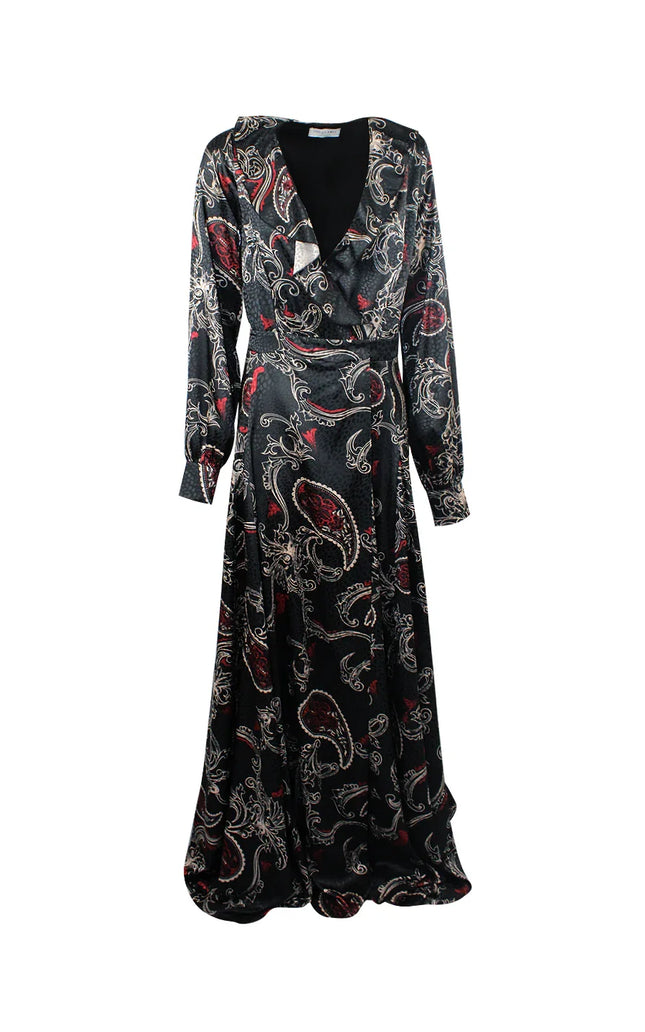 Long black dress with red and white paisley pattern, deep V-neck, and long sleeves