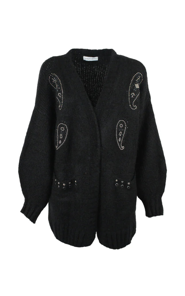 Black oversized cardigan with studded paisley details and front pockets for women