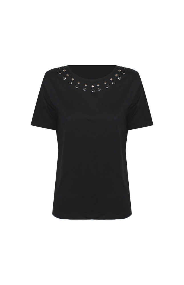 T‐SHIRT NORMAL FIT IN COTONE CON BORCHIE SUL GIROCOLLO