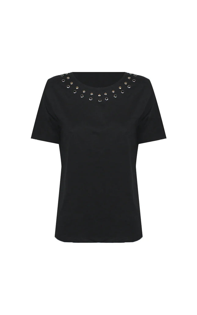 Black women's t-shirt with silver eyelet details around neckline, short sleeves