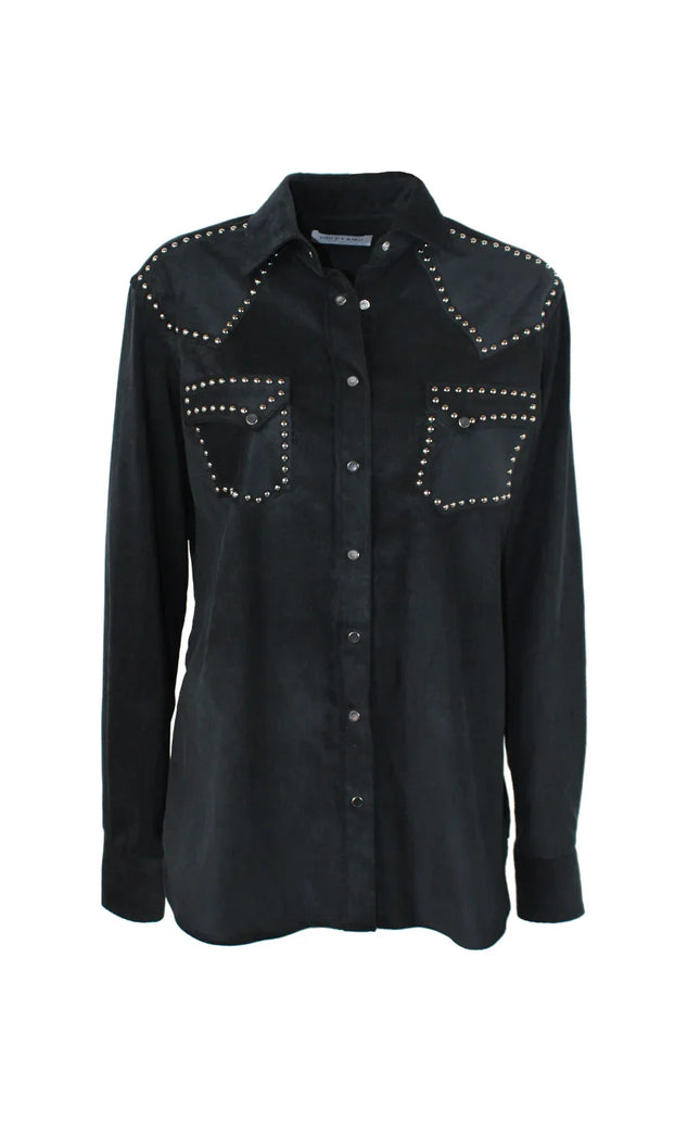 Black women's shirt with silver studs, long sleeves, front pockets, western style
