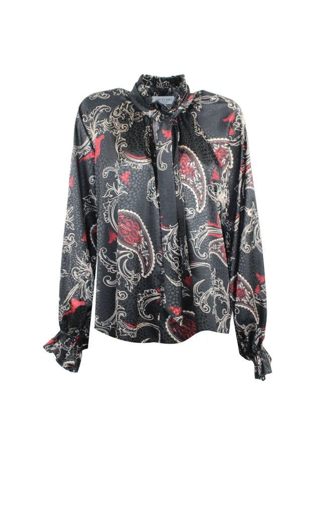 Black long sleeve women's blouse with red and beige paisley print and bow neck detail