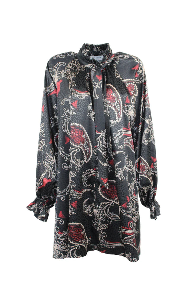 Black long-sleeve paisley shirt dress with red and cream details, tie-neck and ruffled cuffs