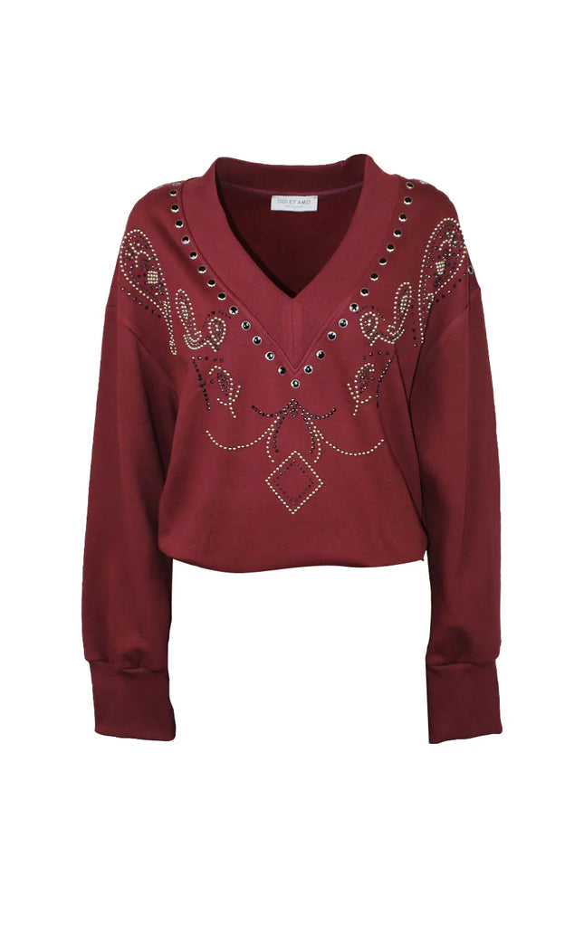 Red women's V-neck sweatshirt with studded and rhinestone details, long sleeves