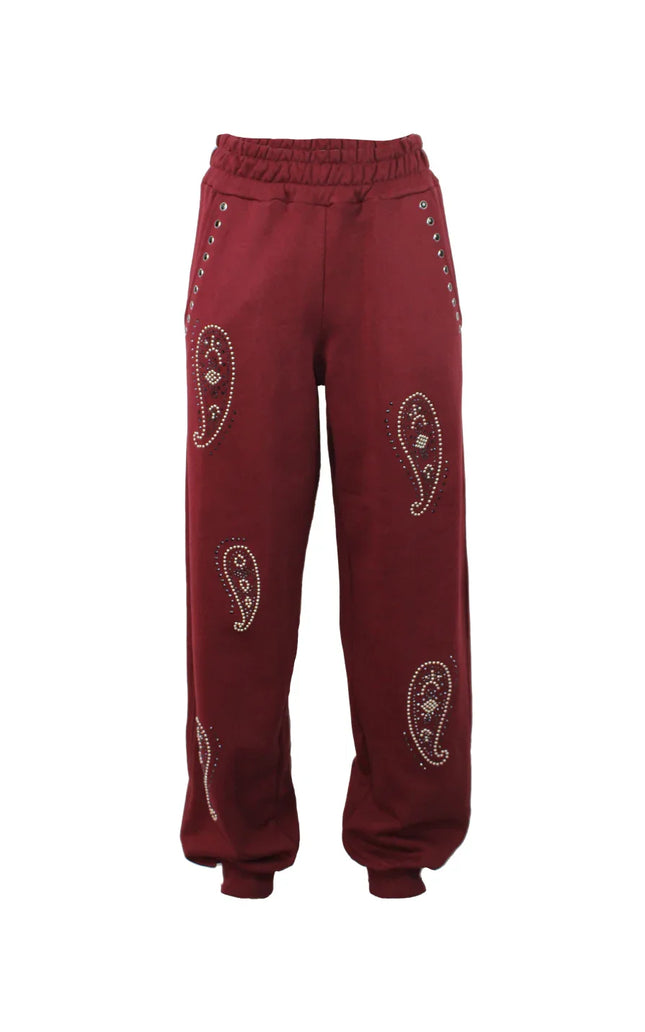 Women's burgundy sweatpants with paisley rhinestone details and elastic waistband