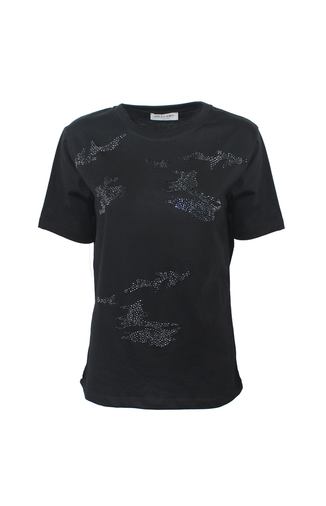 T‐SHIRT REGULAR FIT STRASS NERO CON MOTIVO MIMETICO