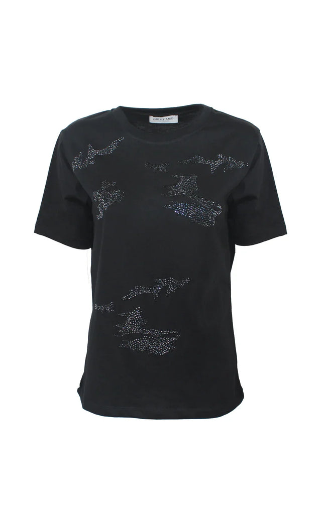 Black short sleeve t-shirt with crystal embellishments and abstract detailing