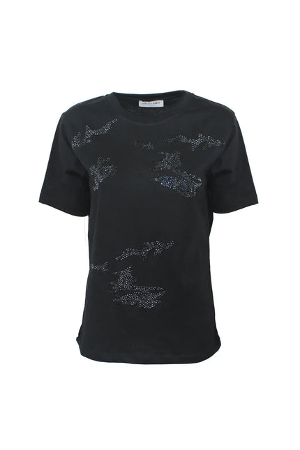 REGULAR FIT BLACK RHINESTONE T-SHIRT WITH CAMOUFLAGE PATTERN