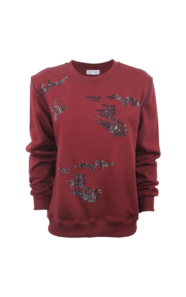 Burgundy women's sweatshirt with rhinestone embellishments and relaxed fit