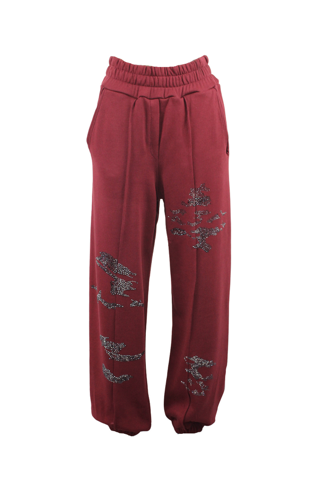 SOFT BLACK RHINESTONE FLEECE PANTS WITH CAMOUFLAGE PATTERN