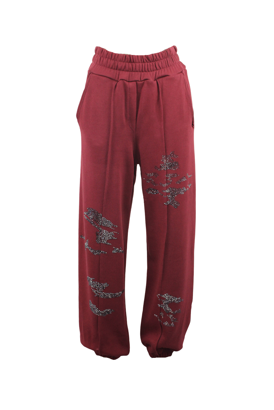PANTALONI MORBIDI IN FELPA STRASS NERO CON MOTIVO MIMETICO