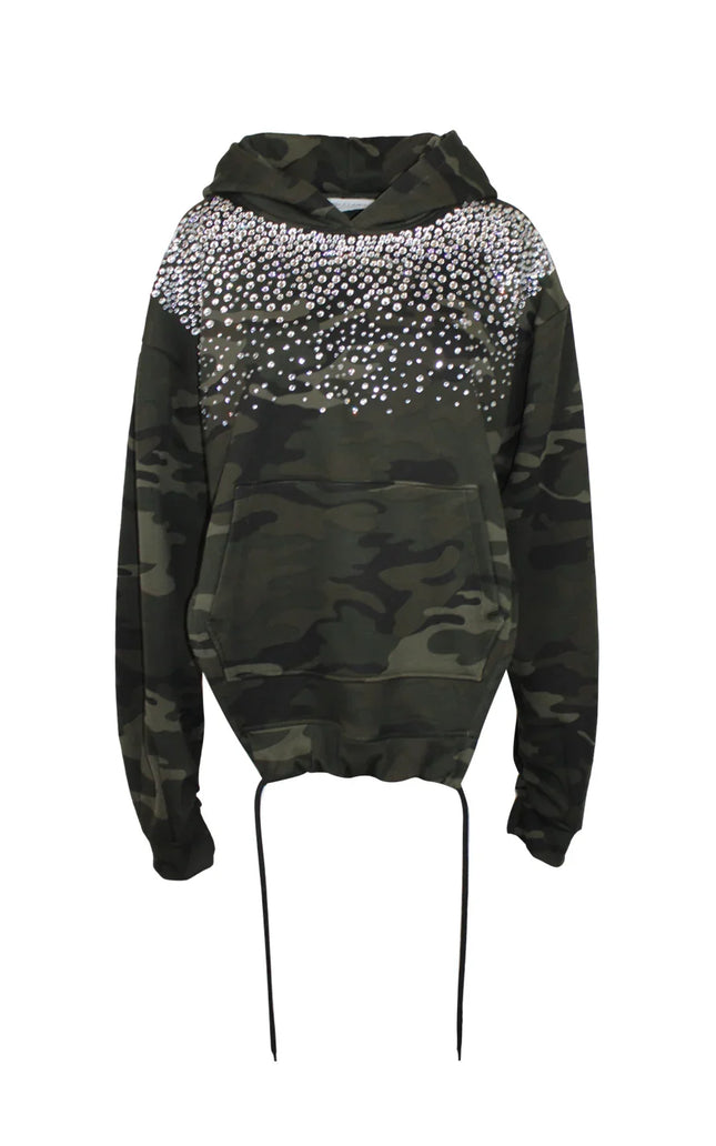 Camouflage hoodie with sequin embellishments and drawstring hem, women's fashion.