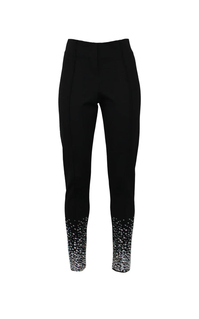Black women's pants with crystal embellishments at the ankles, fashion detail