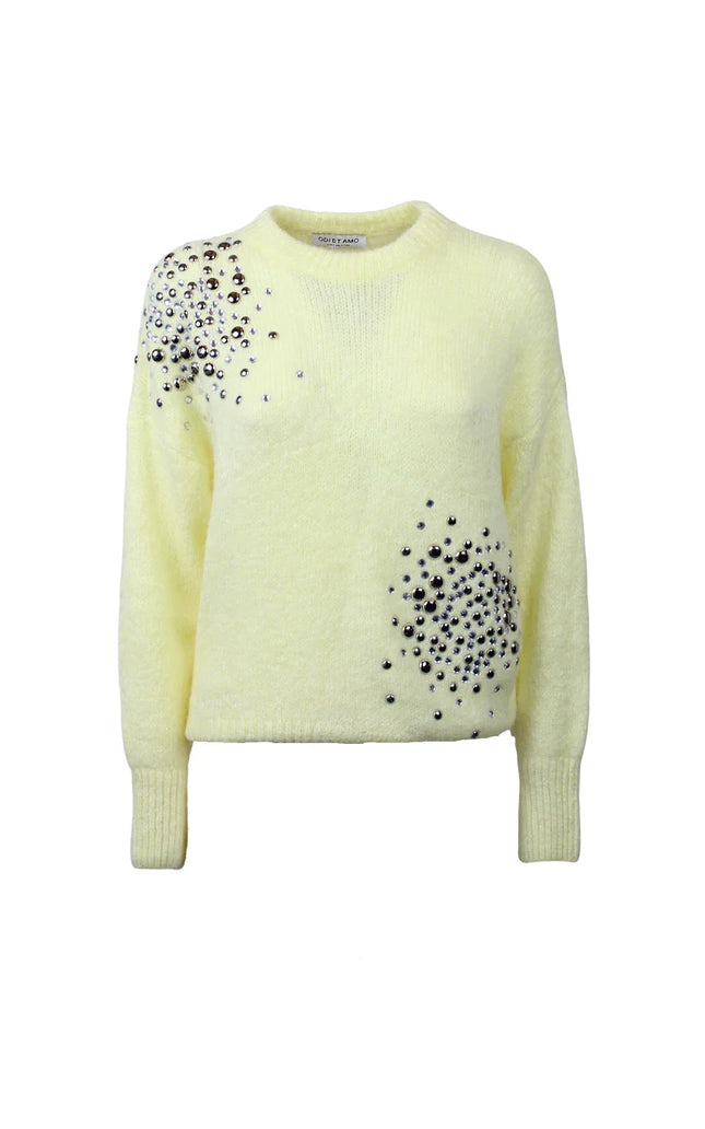 Soft yellow women's sweater with silver studs and bead detailing, long sleeves