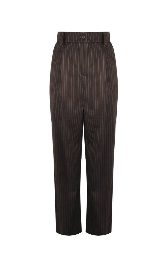 Women's brown pinstripe tailored trousers with button waist, fashion pants