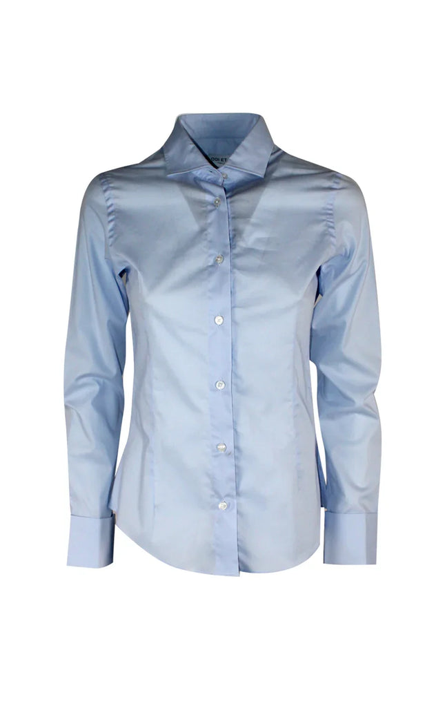 Light blue women's fitted button-down shirt with long sleeves and classic collar