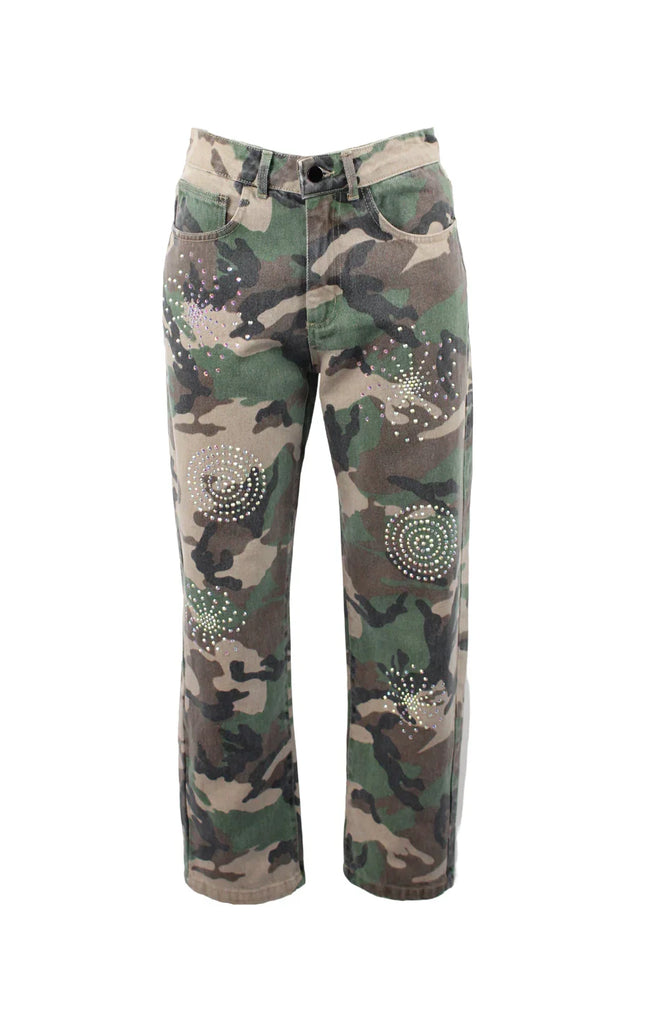 Women's camo pants with rhinestone embellishments and straight leg design