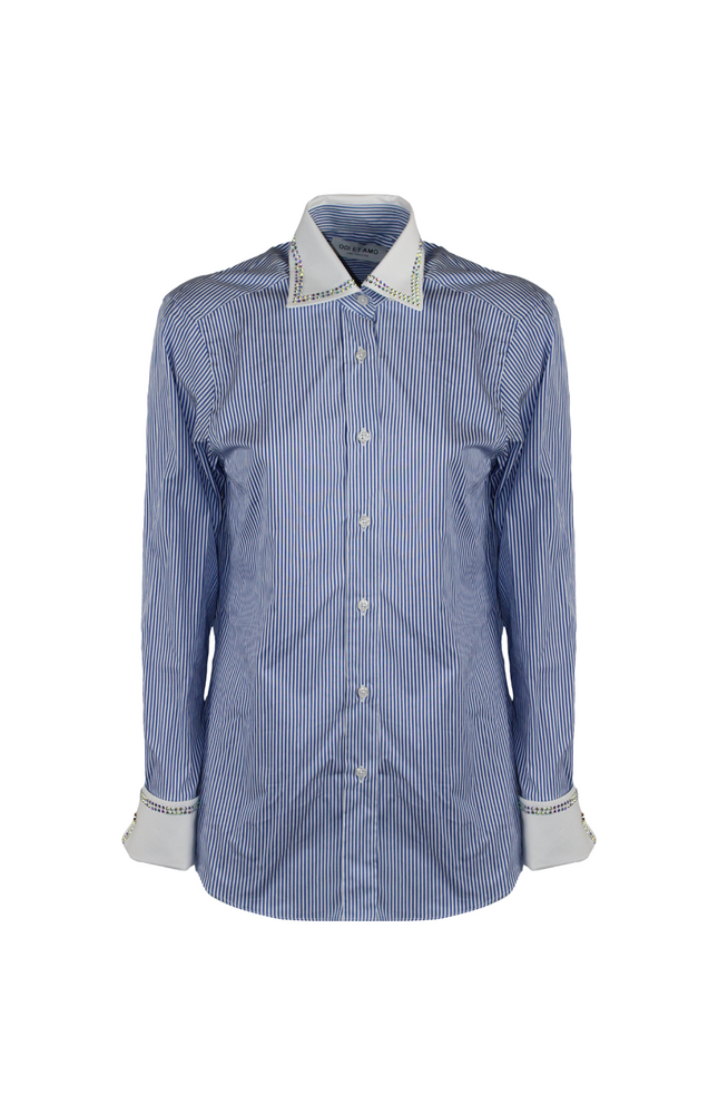 CAMICIA OXFORD A RIGHE CON STRASS SU COLLO E POLSI