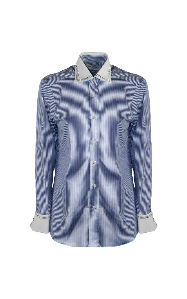 Women's blue striped button-up shirt with white collar and embellished details