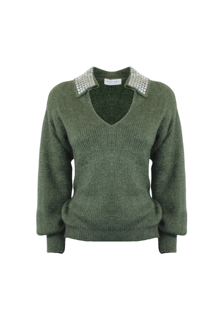 MOHAIR MIXED POLO STYLE SWEATER WITH RHINESTONE ON THE NECK