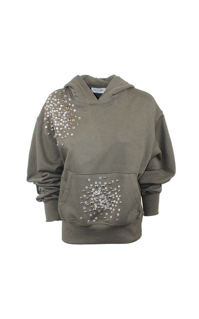 Olive green women's hoodie with sequin embellishments and front pocket