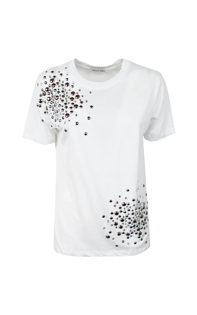 White women's t-shirt with scattered metallic studs and jewel embellishments
