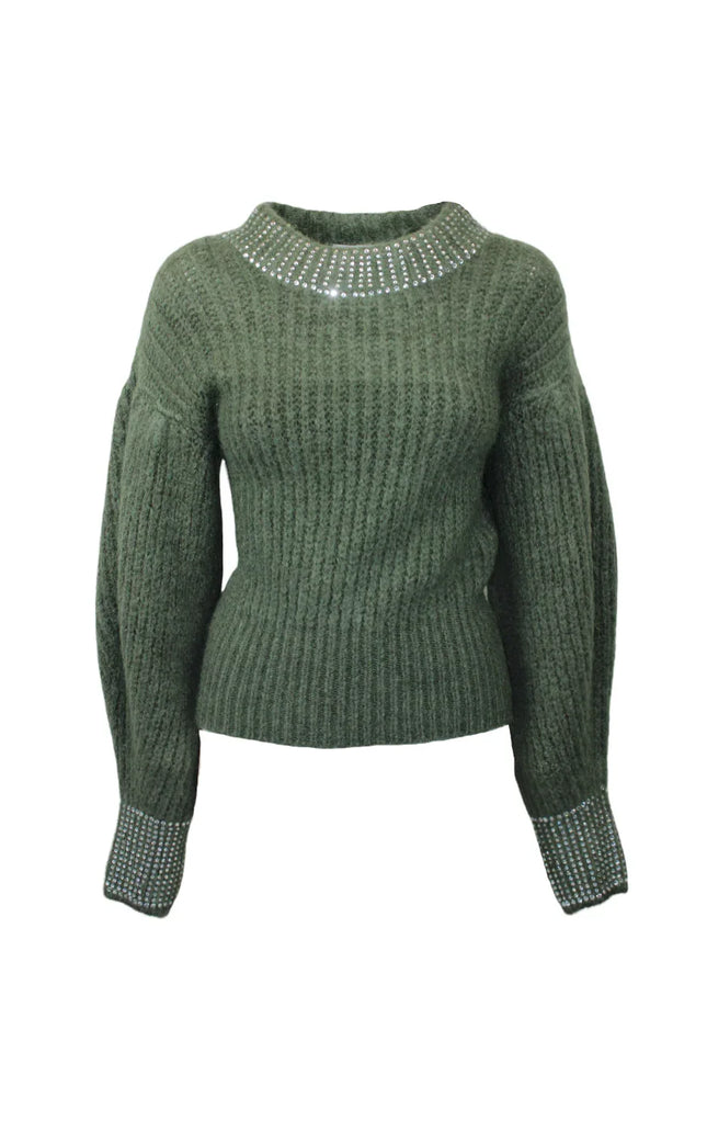 Green ribbed knit sweater with crystal embellished collar and cuffs, women's fashion