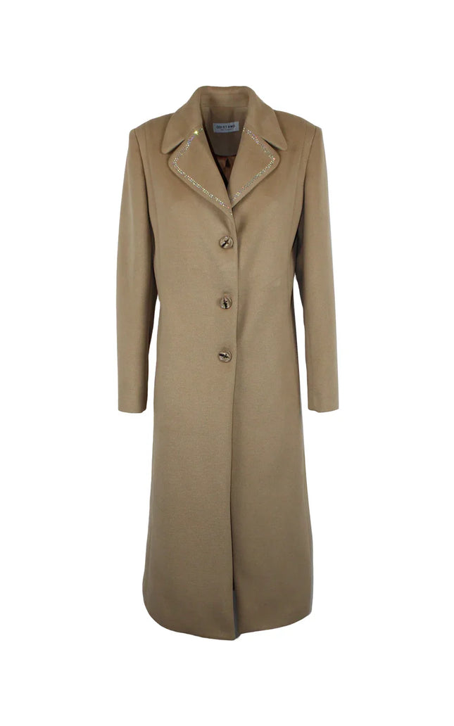 Women's long camel coat with button closure and embellished collar details