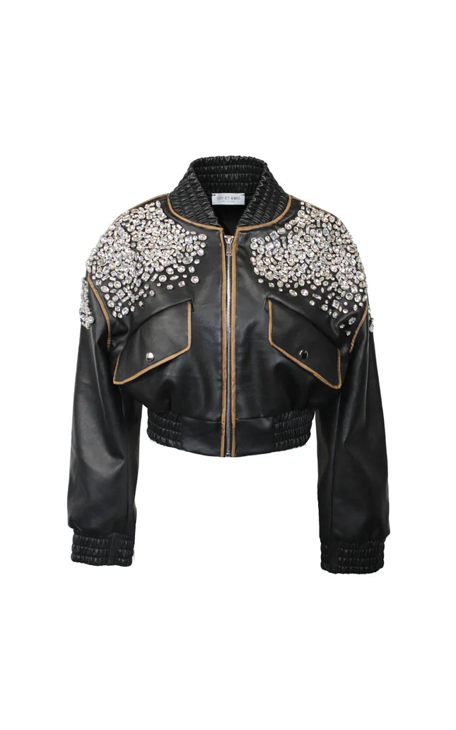 Black cropped leather jacket with rhinestone embellishments and gold trim