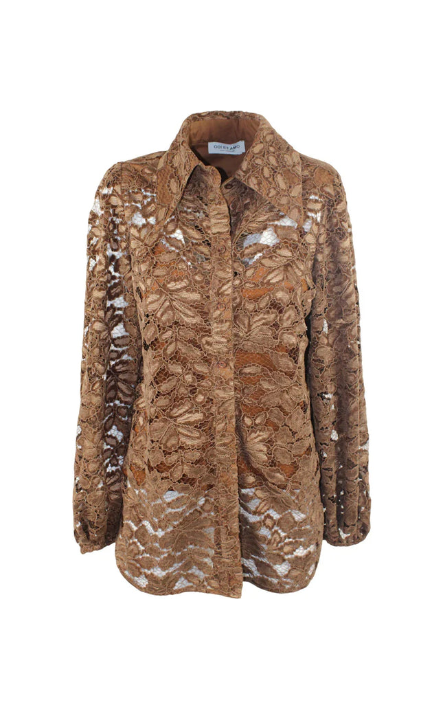 Brown women’s lace shirt with floral pattern and long sleeves, front button-up design