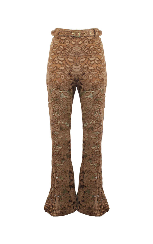 High-waisted flared brown lace pants with belt, detailed floral pattern, women's fashion