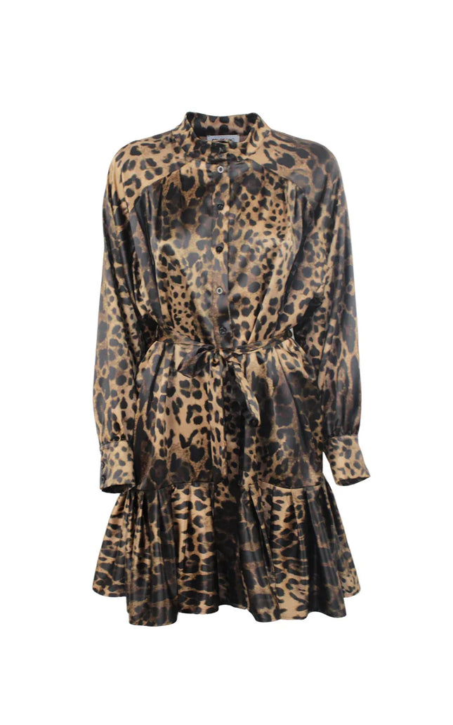 Leopard print women's dress with button front, tie waist and long sleeves