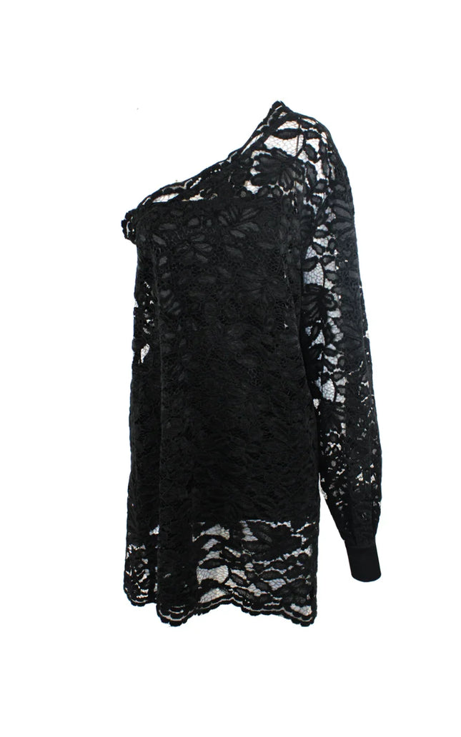 Black lace one-shoulder mini dress with floral pattern and long sleeve