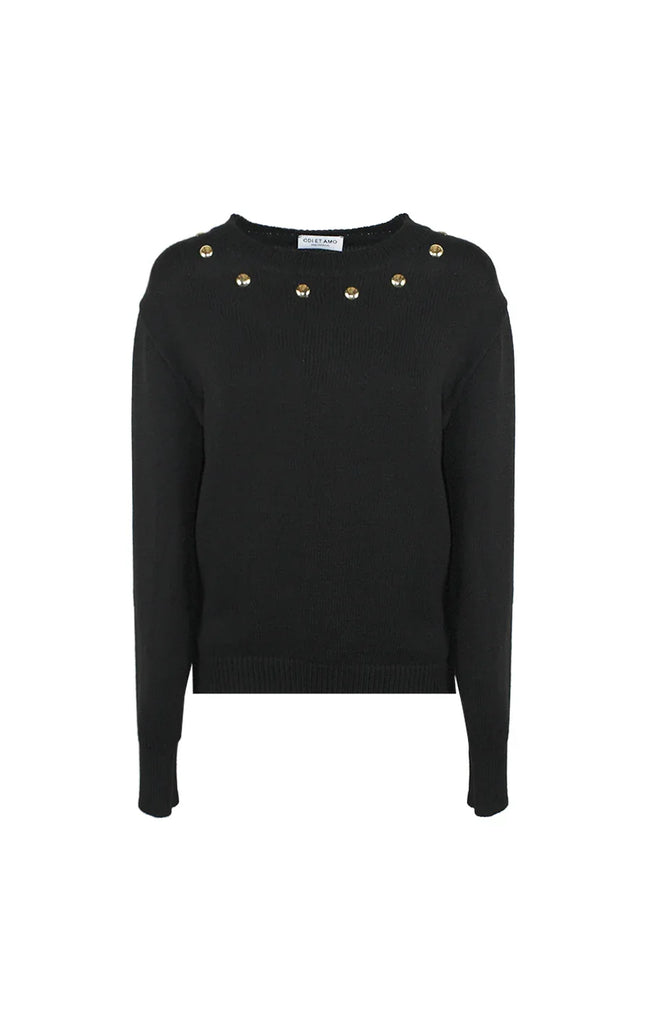 Black women's sweater with gold stud embellishments on the neckline, front view