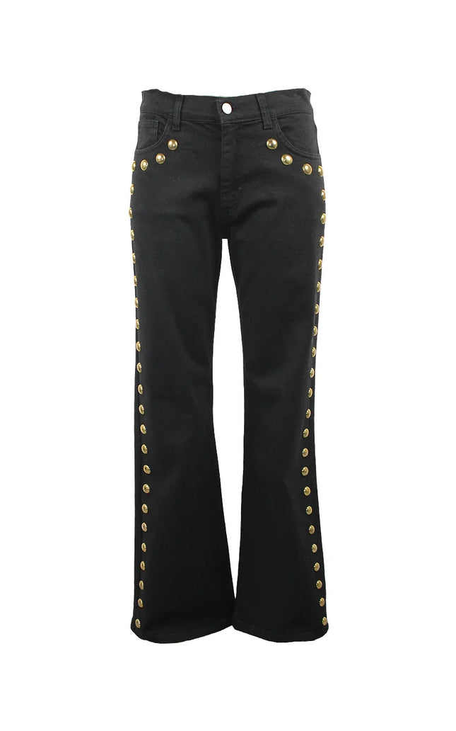 Black flared jeans with gold stud details on pockets and side seams, women's fashion