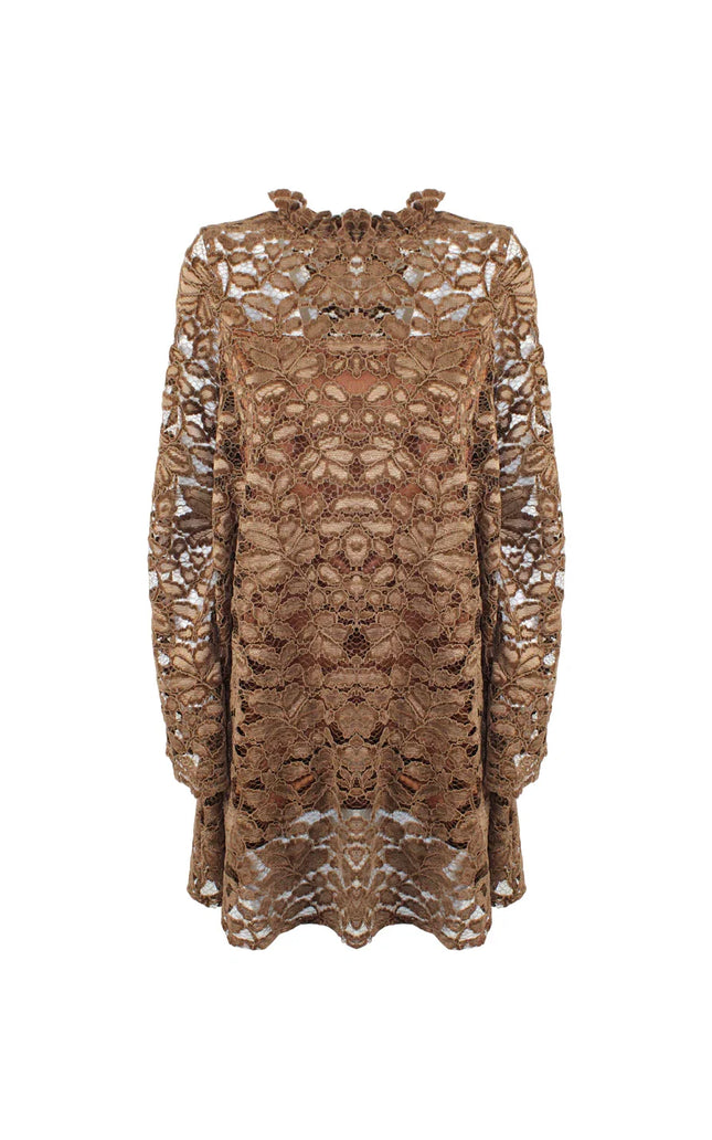 Brown long sleeve floral lace mini dress with sheer details and high neckline