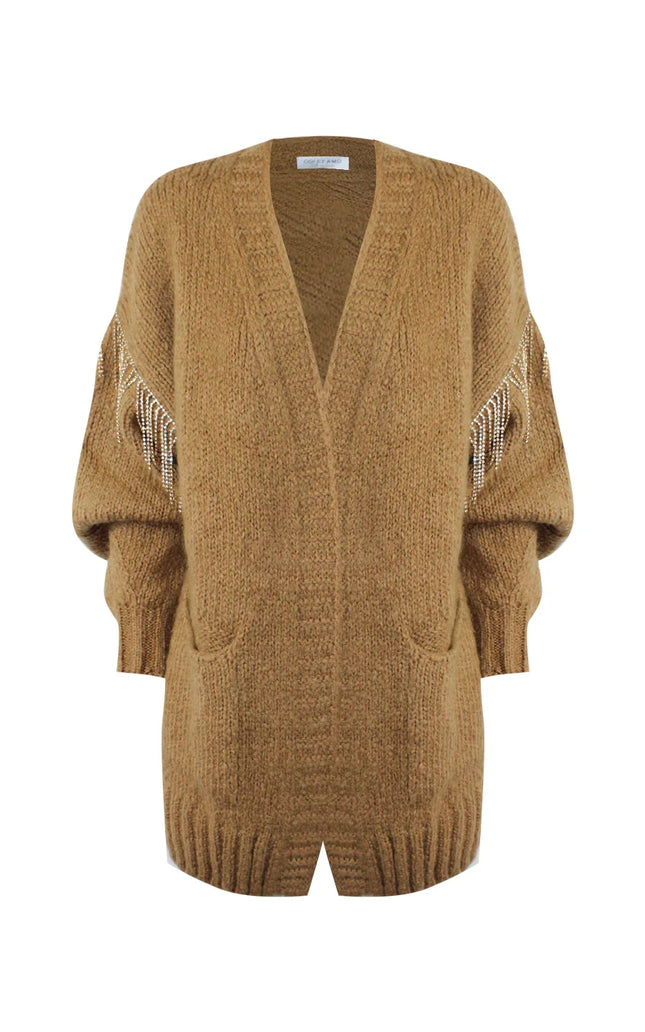Brown knit open-front cardigan with front pockets and beaded fringe detail on the sleeves