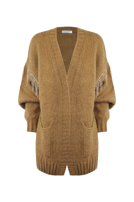 Brown knit open-front cardigan with front pockets and beaded fringe detail on the sleeves