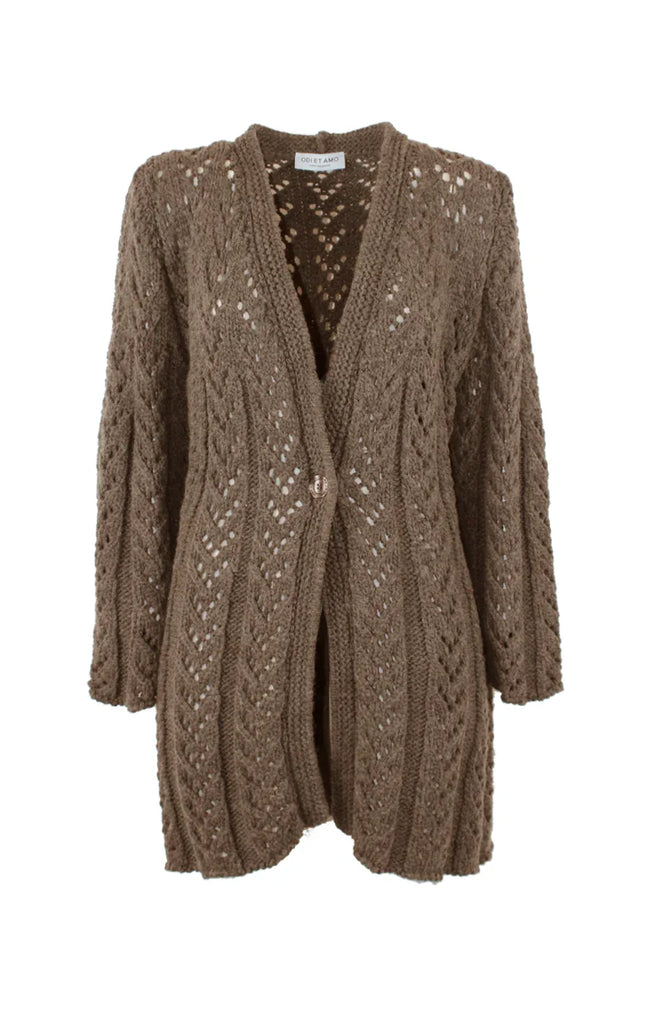Brown open-knit long cardigan with textured pattern and single button closure, women's fashion