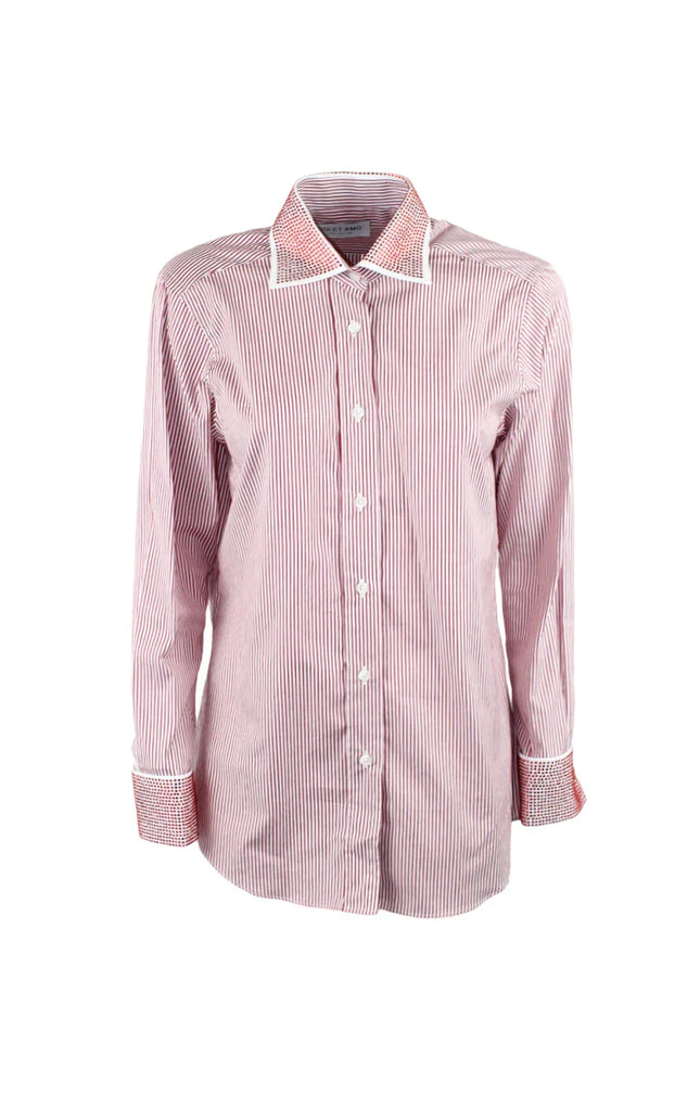 Women's red and white striped button-down shirt with contrasting collar and cuffs