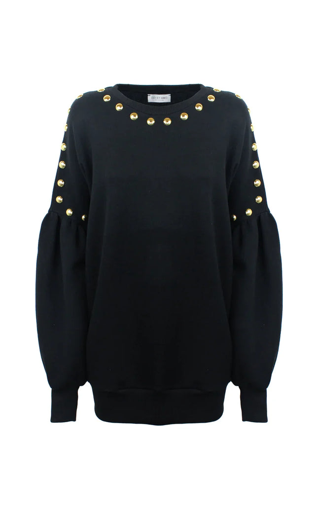 Black women's sweater with gold stud embellishments on neckline and sleeves, fashion knitwear