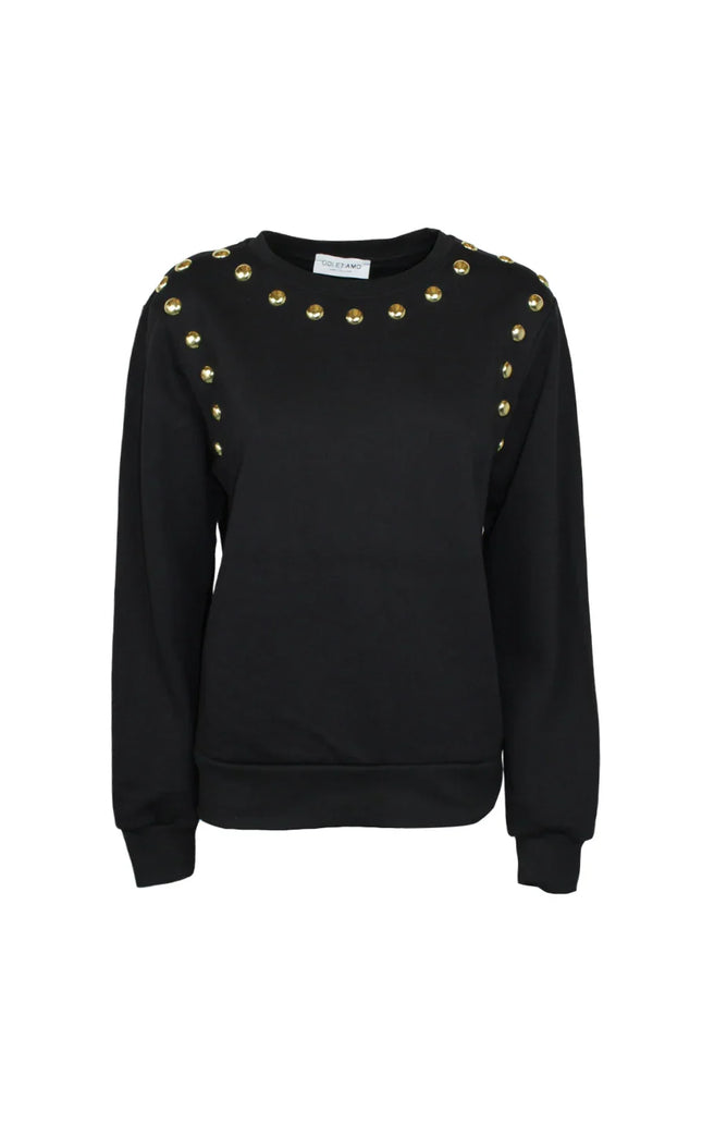 Black women's sweatshirt with gold studded detailing on the shoulders and chest