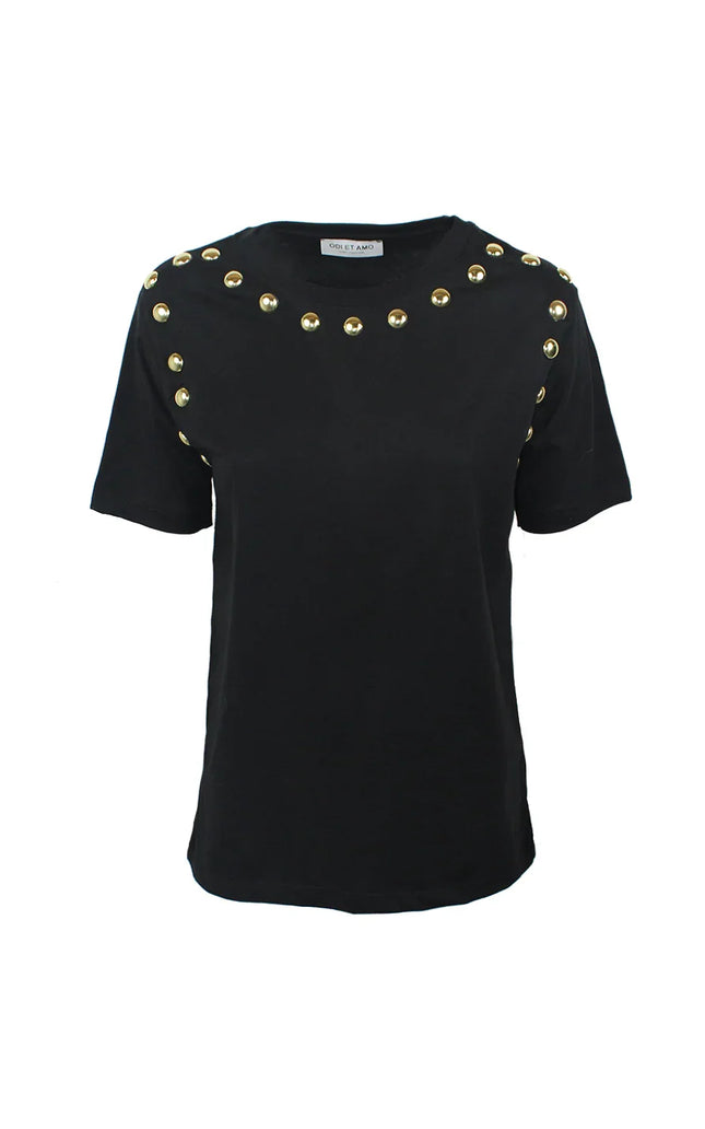 Black women's t-shirt with gold stud details on shoulders and chest
