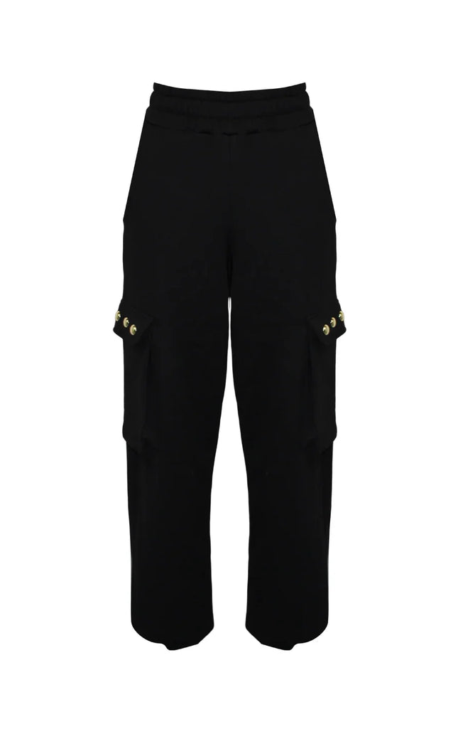 Black cargo pants with gold button details and large side pockets on white background