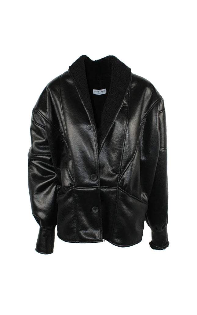 Women's black faux leather jacket with button front and textured collar