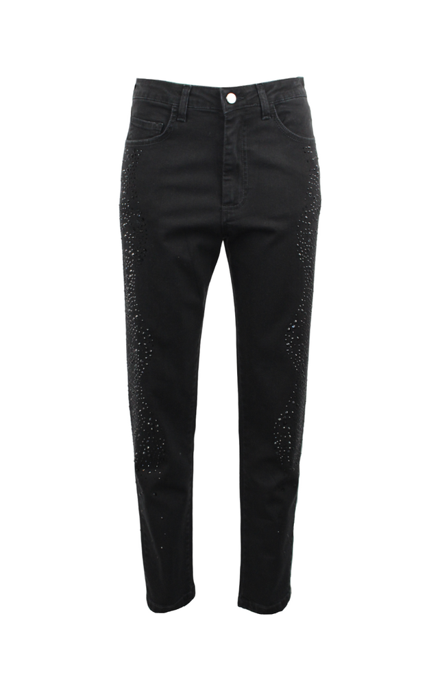 DENIM NERO A GAMBA DRITTA E TASCHE CON STRASS